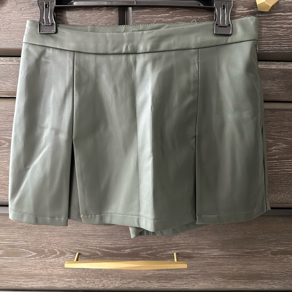 Green Faux Leather Skort